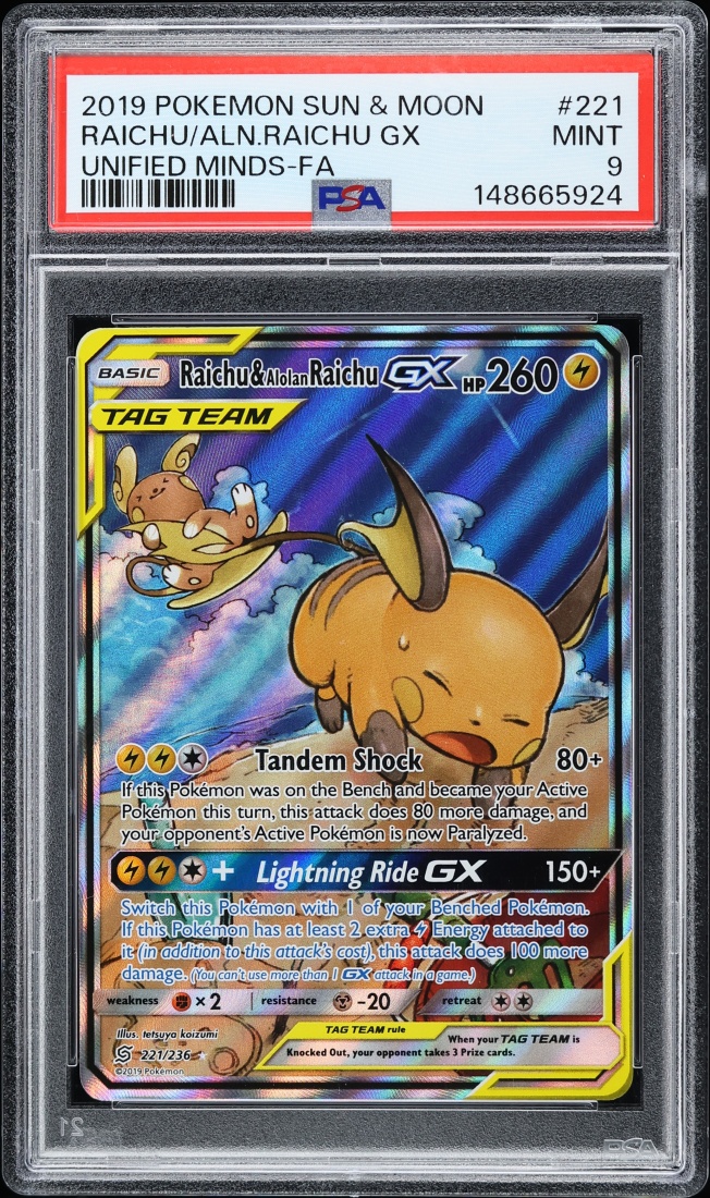 2019 Pokemon Sun & Moon Unified Minds Full Art Raichu & Alolan Raichu GX #221 PSA 9 MINT