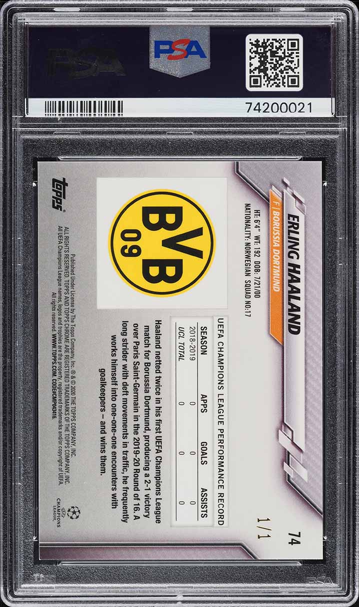 2019 Topps Chrome UEFA Sapphire Padparadscha Erling Haaland ROOKIE 1/1 #74 PSA 9
