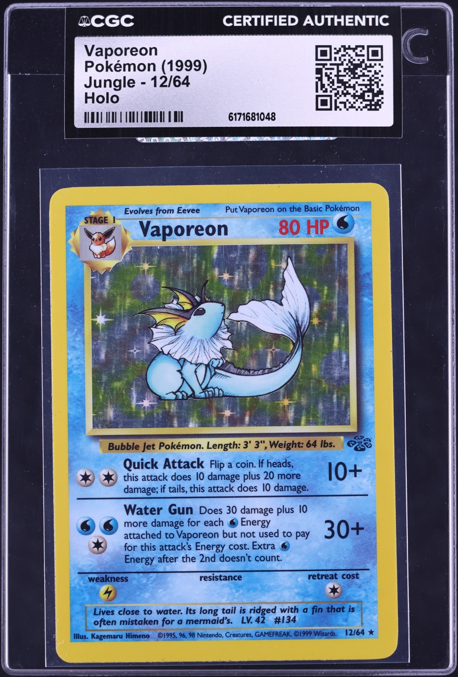 1999 Pokemon Jungle Holo Vaporeon #12 CGC AUTH