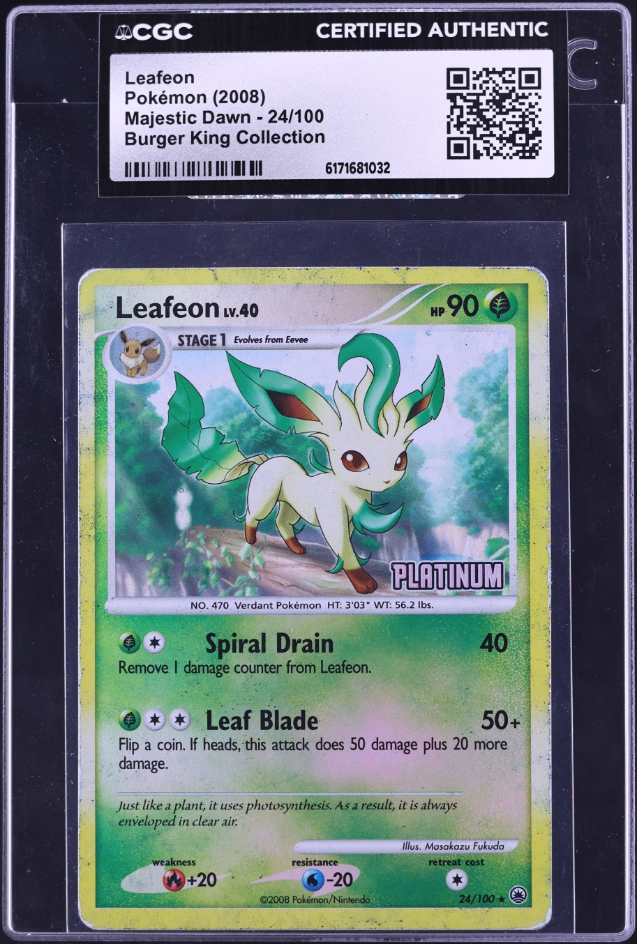 2008 Pokemon Diamond & Pearl Majestic Dawn Burger King Collection Leafeon #24 CGC AUTH