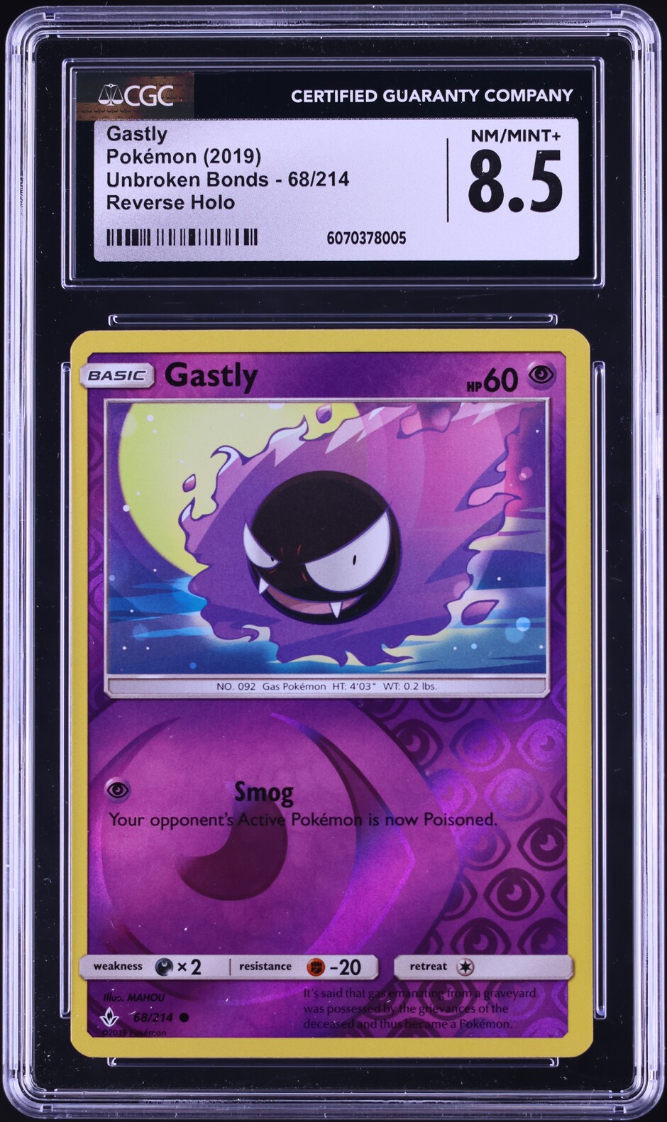2019 Pokemon Sun & Moon Unbroken Bonds Reverse Holo Gastly #68 CGC 8.5 NM-MT+