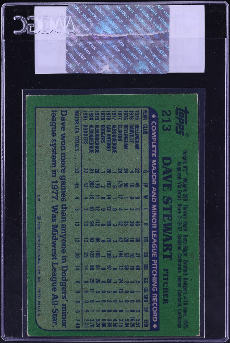 1982 Topps Dave Stewart ROOKIE #213 CGC AUTH