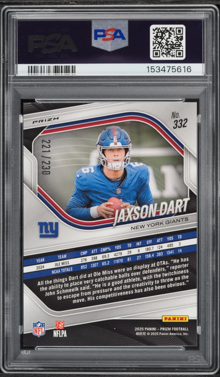 2025 Panini Prizm Blue Wave Jaxson Dart ROOKIE /230 #332 PSA 10 GEM MINT