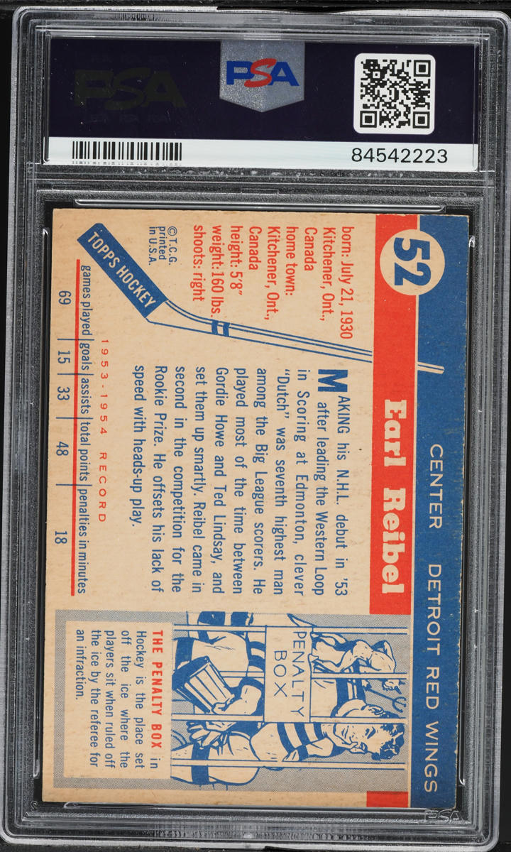 1954 Topps Hockey Earl Reibel #52 PSA 6 EXMT