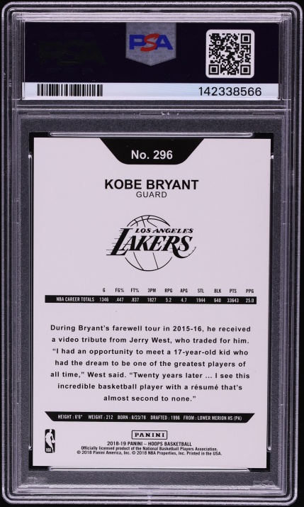 2018 Hoops Red Checkerboard Kobe Bryant 15/15 #296 PSA 10 GEM MINT