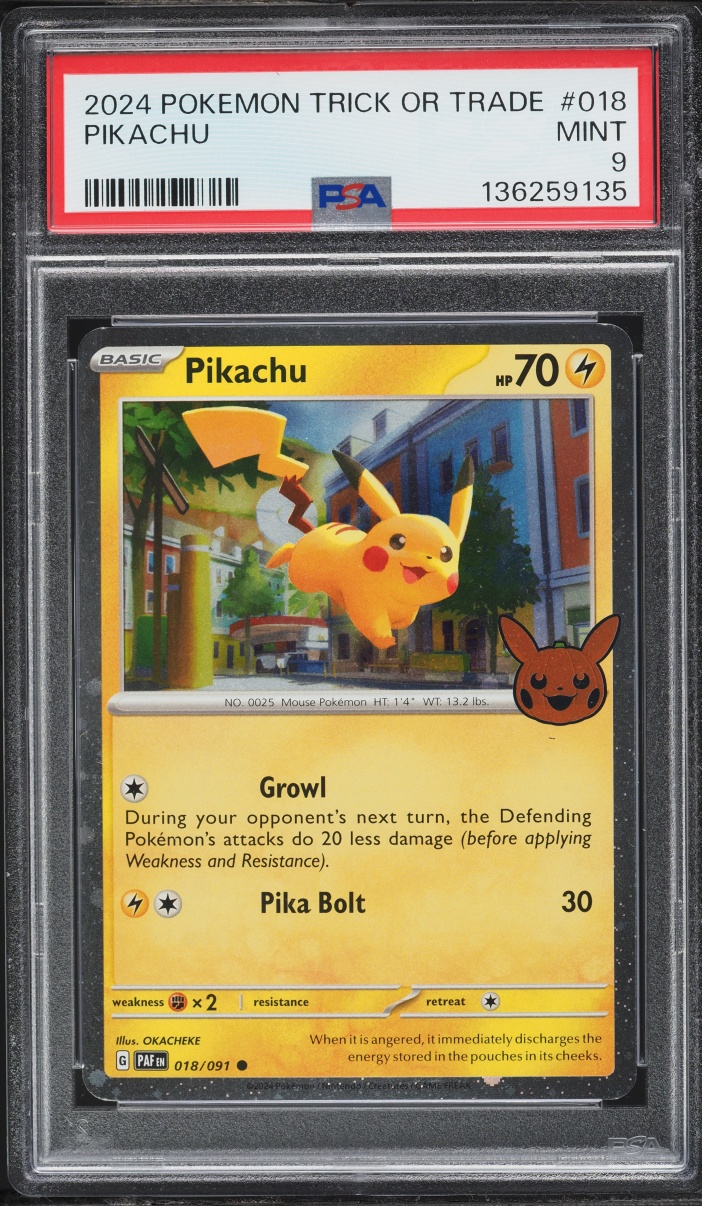 2024 Pokemon Scarlet & Violet Paldean Fates Trick Or Trade Holo Pikachu #18 PSA 9 MINT