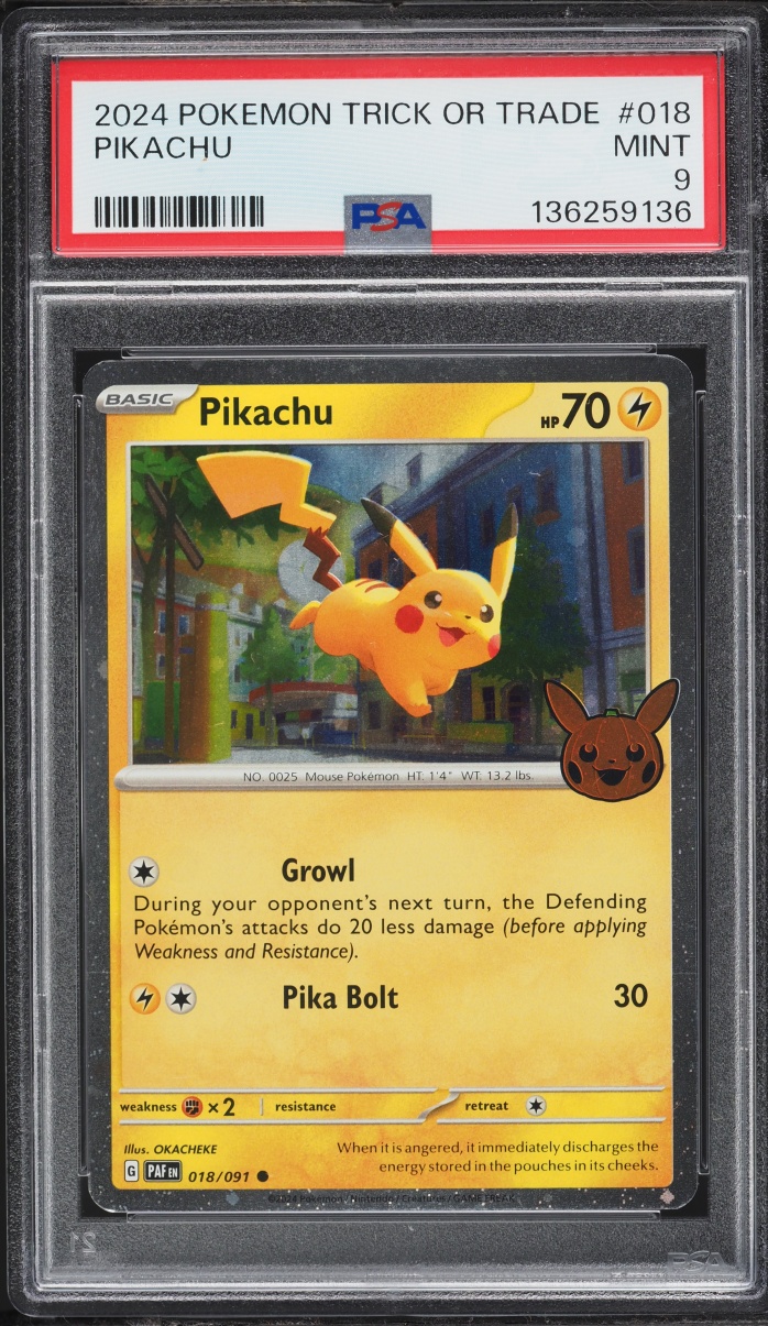 2024 Pokemon Scarlet & Violet Paldean Fates Trick Or Trade Holo Pikachu #18 PSA 9 MINT