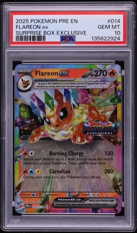 2025 Pokemon Scarlet & Violet Prismatic Evolutions Surprise Box Holo Flareon ex #14 PSA 10 GEM