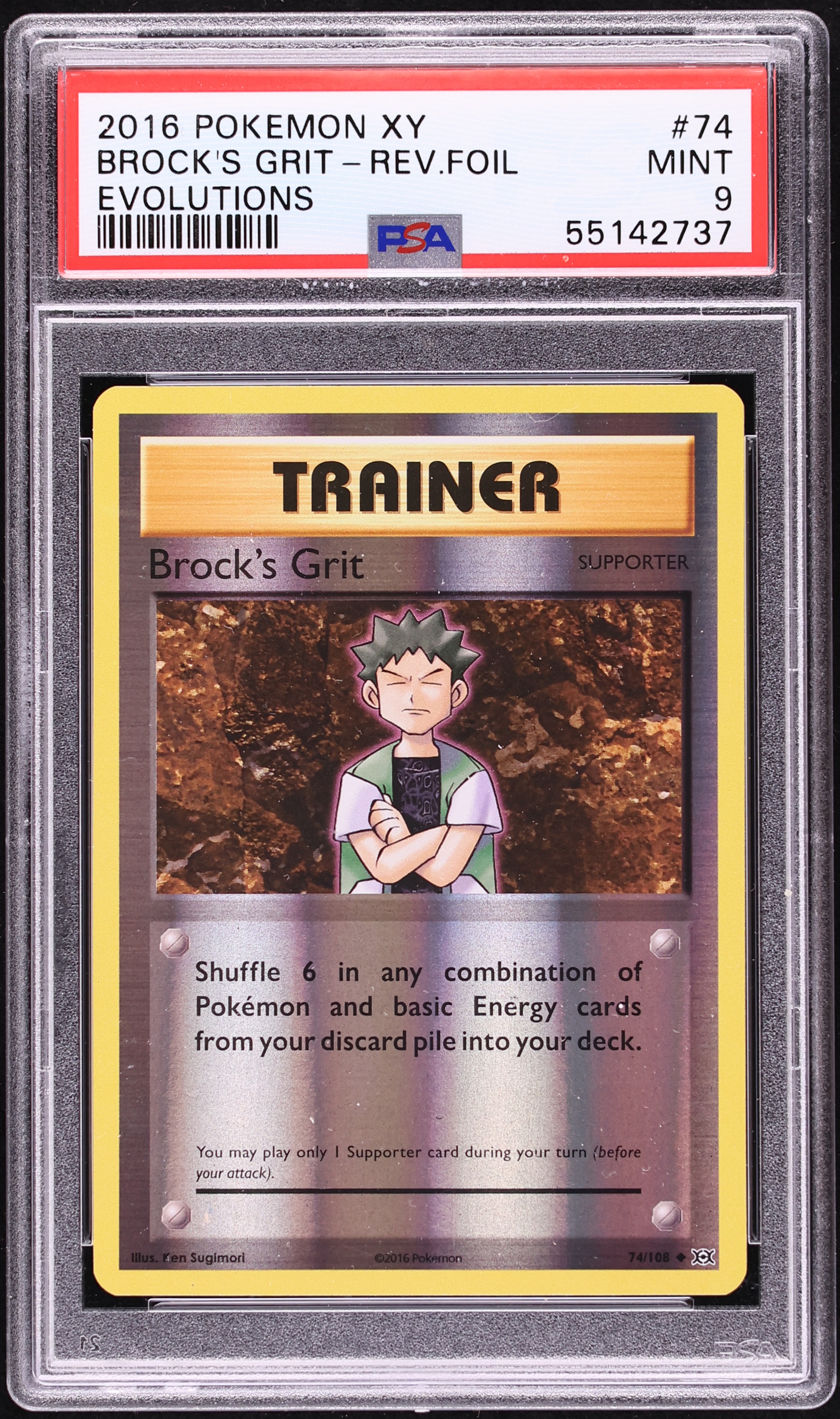 2016 Pokemon XY Evolutions Reverse Foil Brock's Grit #74 PSA 9