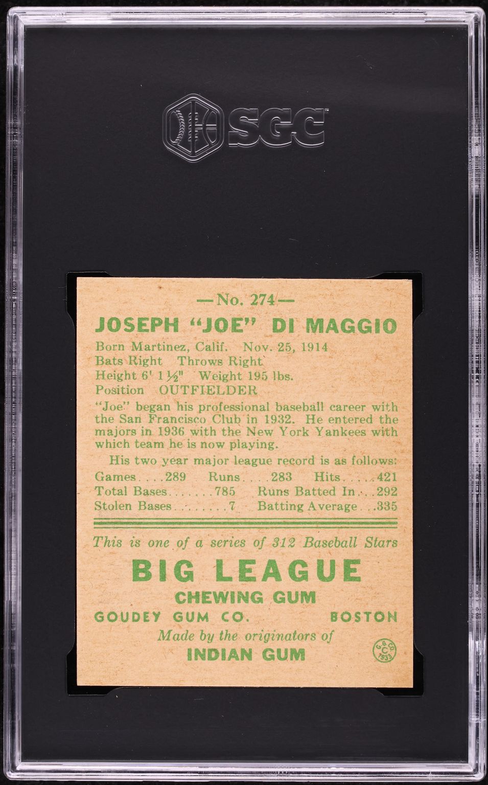 1938 Goudey Heads-Up Joe DiMaggio #274 SGC 7.5 NRMT+