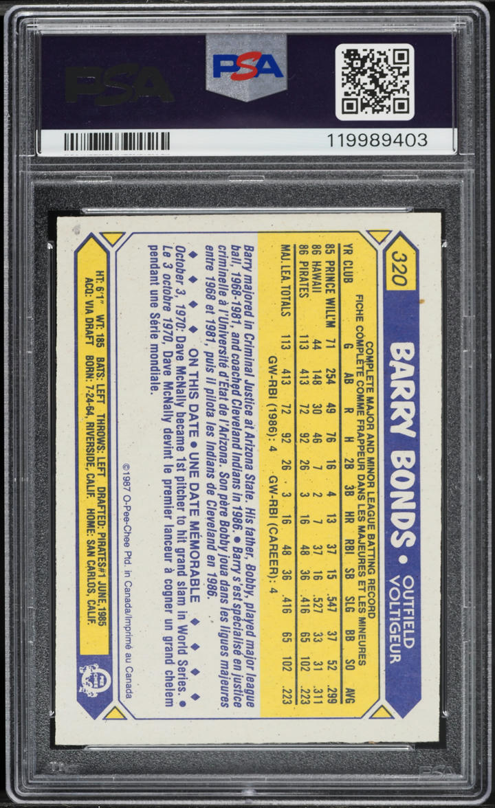 1987 O-Pee-Chee Barry Bonds ROOKIE #320 PSA 6 EXMT
