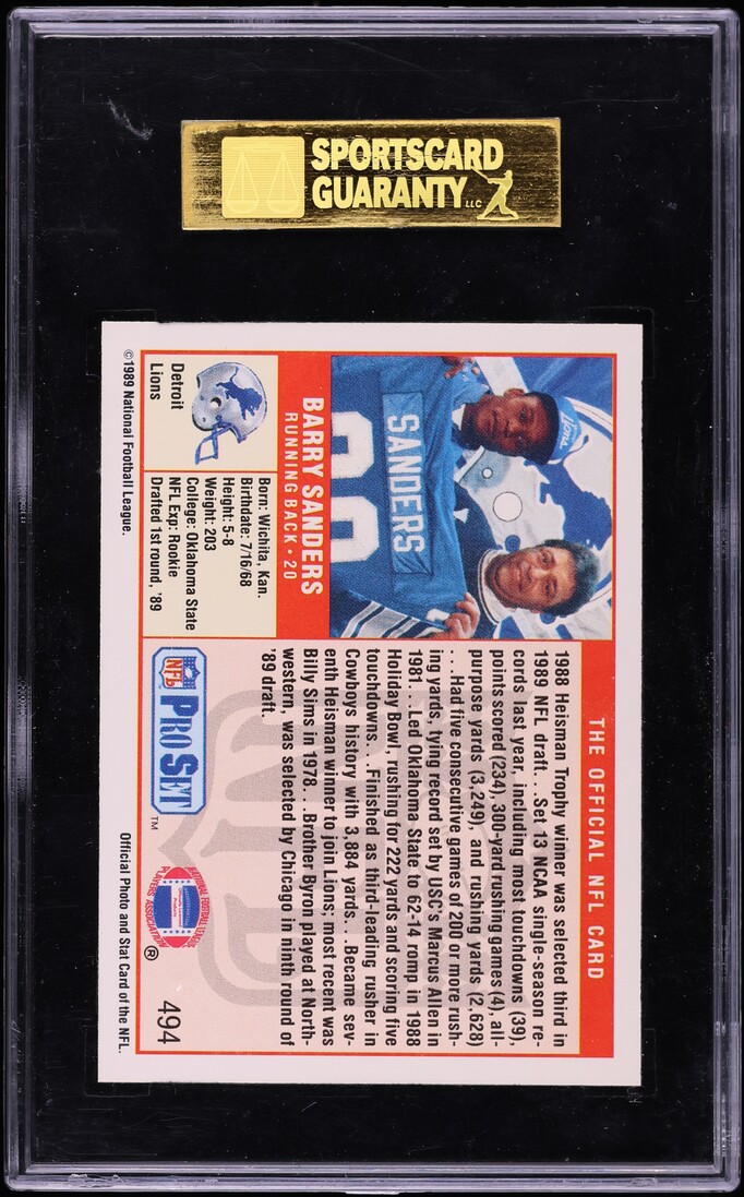 1989 Pro Set Football Barry Sanders ROOKIE #494 SGC 10 GEM MINT