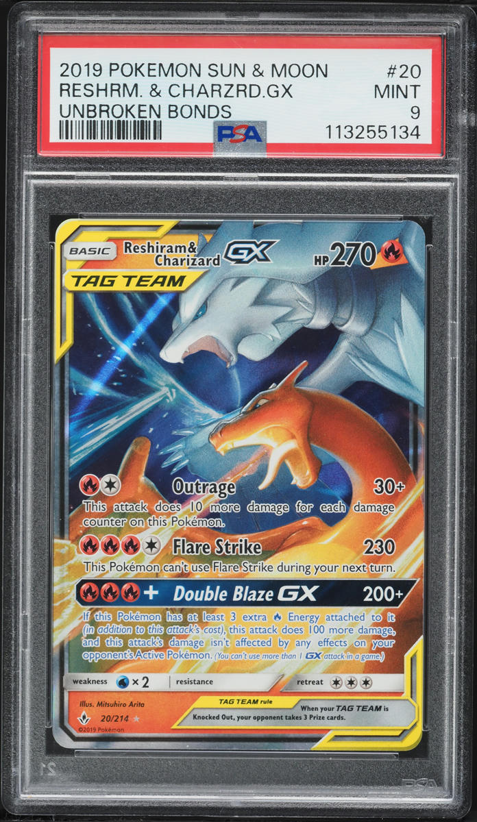 2019 Pokemon Sun & Moon Unbroken Bonds Reshiram & Charizard GX #20 PSA 9 MINT