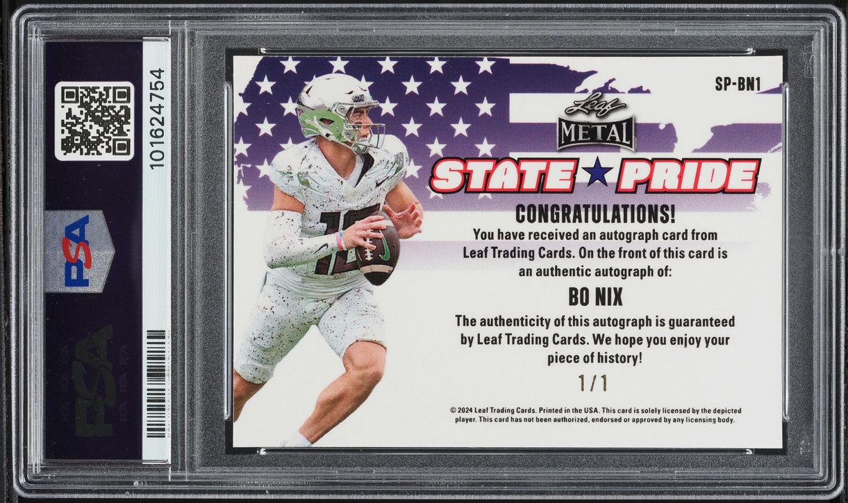 2024 Leaf Metal State Pride Sky Mojo Bo Nix ROOKIE AUTO 1/1 #SP-BN1 PSA 8 NM-MT