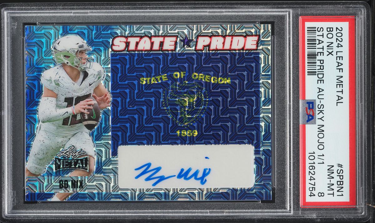 2024 Leaf Metal State Pride Sky Mojo Bo Nix ROOKIE AUTO 1/1 #SP-BN1 PSA 8 NM-MT
