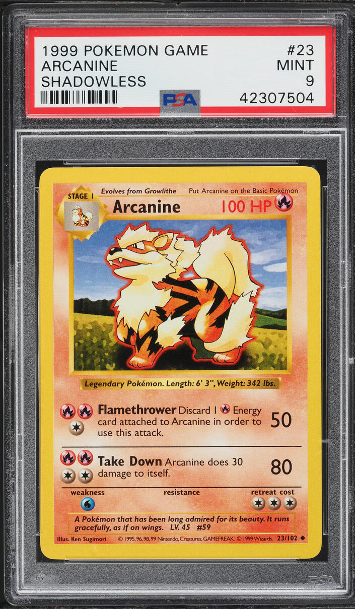 1999 Pokemon Base Set Shadowless Arcanine #23 PSA 9 MINT