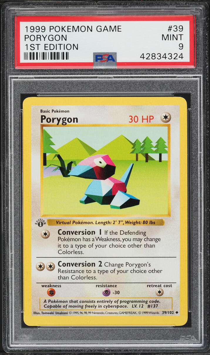 1999 Pokemon Base Set Shadowless 1st Edition Porygon #39 PSA 9 MINT