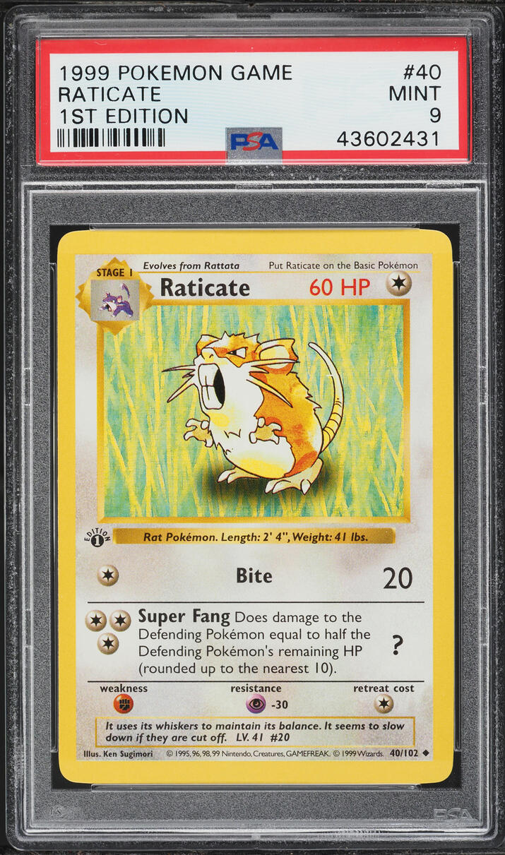 1999 Pokemon Base Set Shadowless 1st Edition Raticate #40 PSA 9 MINT