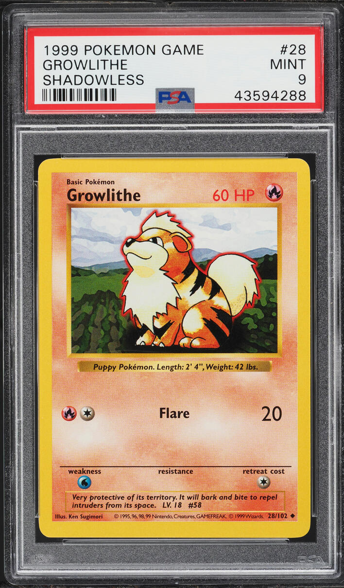 1999 Pokemon Base Set Shadowless Growlithe #28 PSA 9 MINT