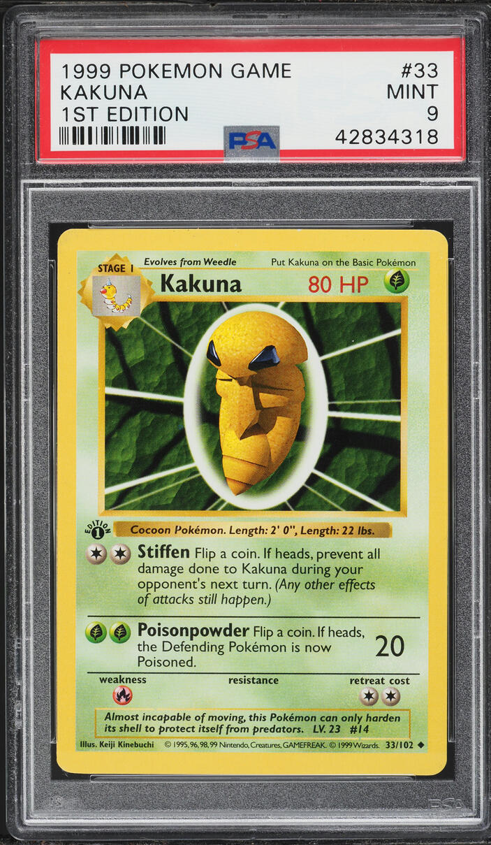 1999 Pokemon Base Set Shadowless 1st Edition Kakuna #33 PSA 9 MINT