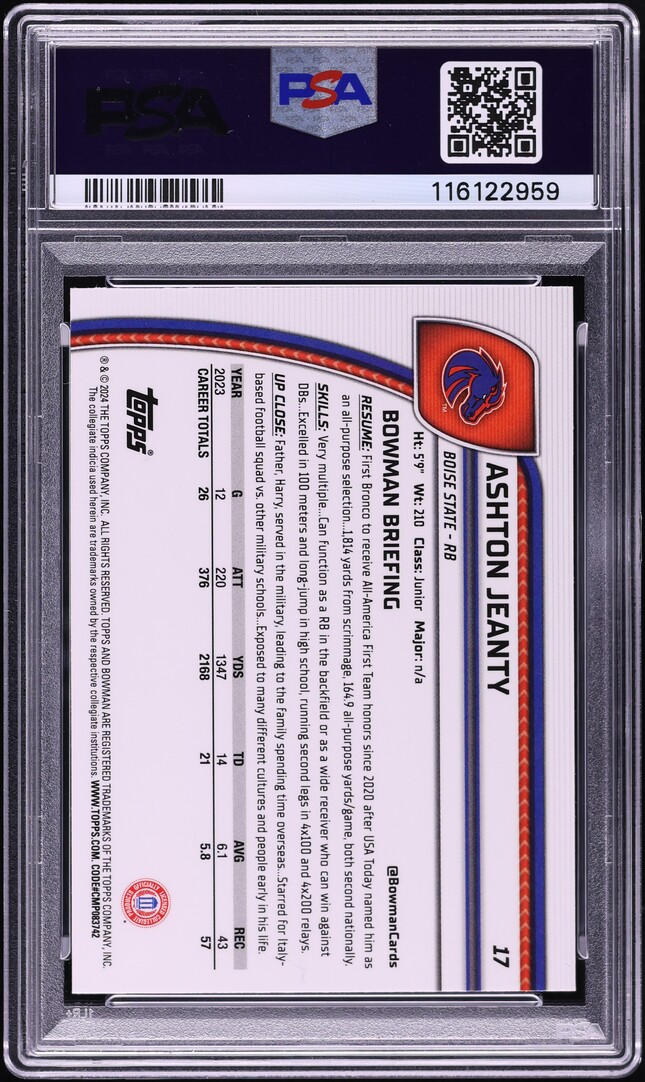 2024 Bowman Chrome University Ashton Jeanty ROOKIE #17 PSA 10 GEM MINT