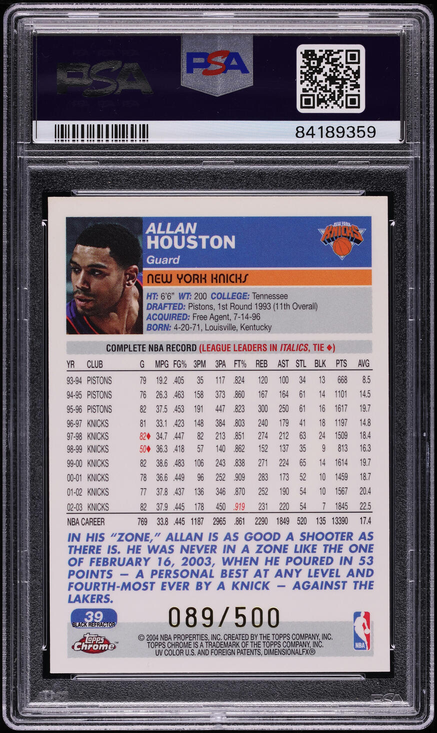 2003 Topps Chrome Black Refractor Allan Houston /500 #39 PSA 9 MINT