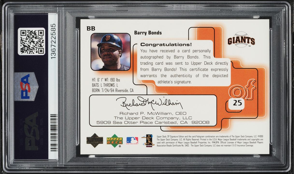 1999 SP Signature Edition Barry Bonds AUTO #BB PSA 8 NM-MT