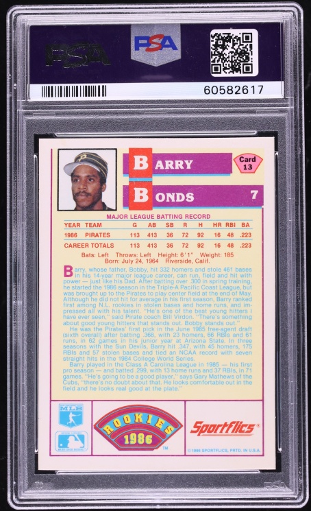 1986 Sportflics Barry Bonds ROOKIE #13 PSA 9 MINT