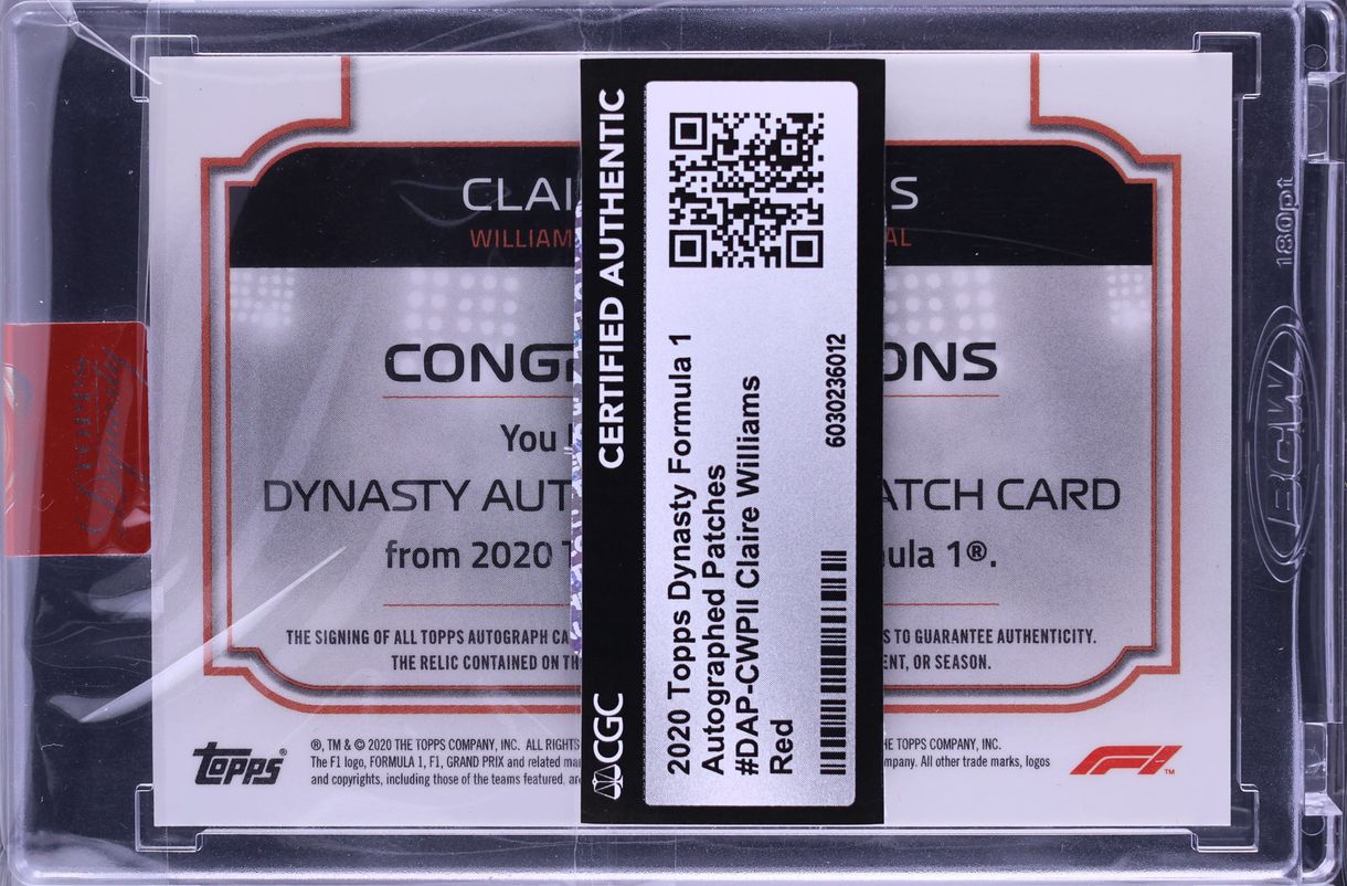 2020 Topps Dynasty Formula 1 F1 Red Claire Williams PATCH AUTO /5 CGC AUTH