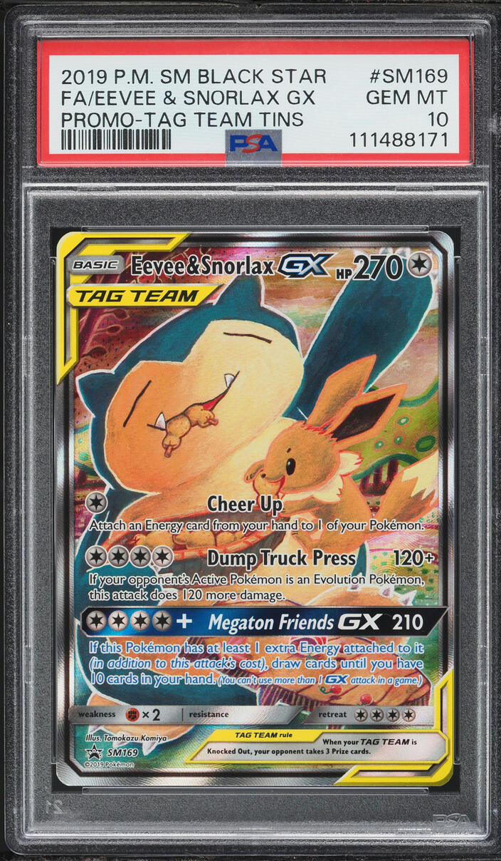 2019 Pokemon Sun & Moon Promo Tag Team Tins Full Art Eevee & Snorlax GX #SM169 PSA 10 GEM MINT