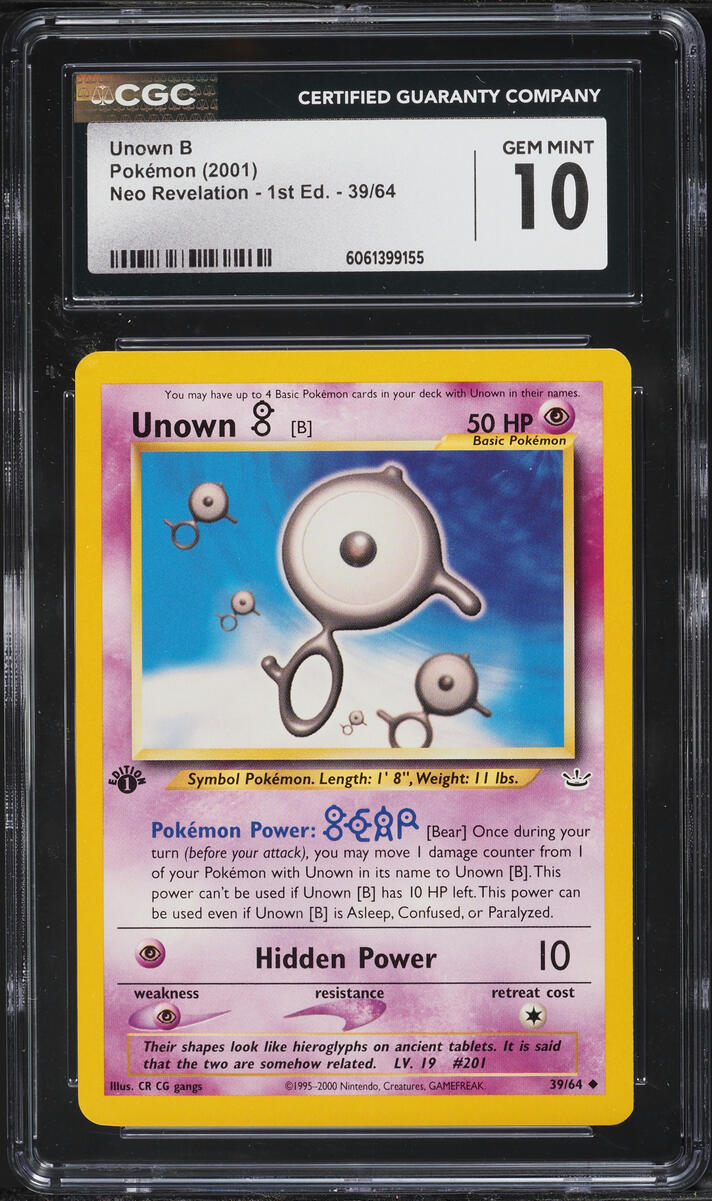 2001 Pokemon Neo Revelation 1st Edition Unown B #39 CGC 10 GEM MINT