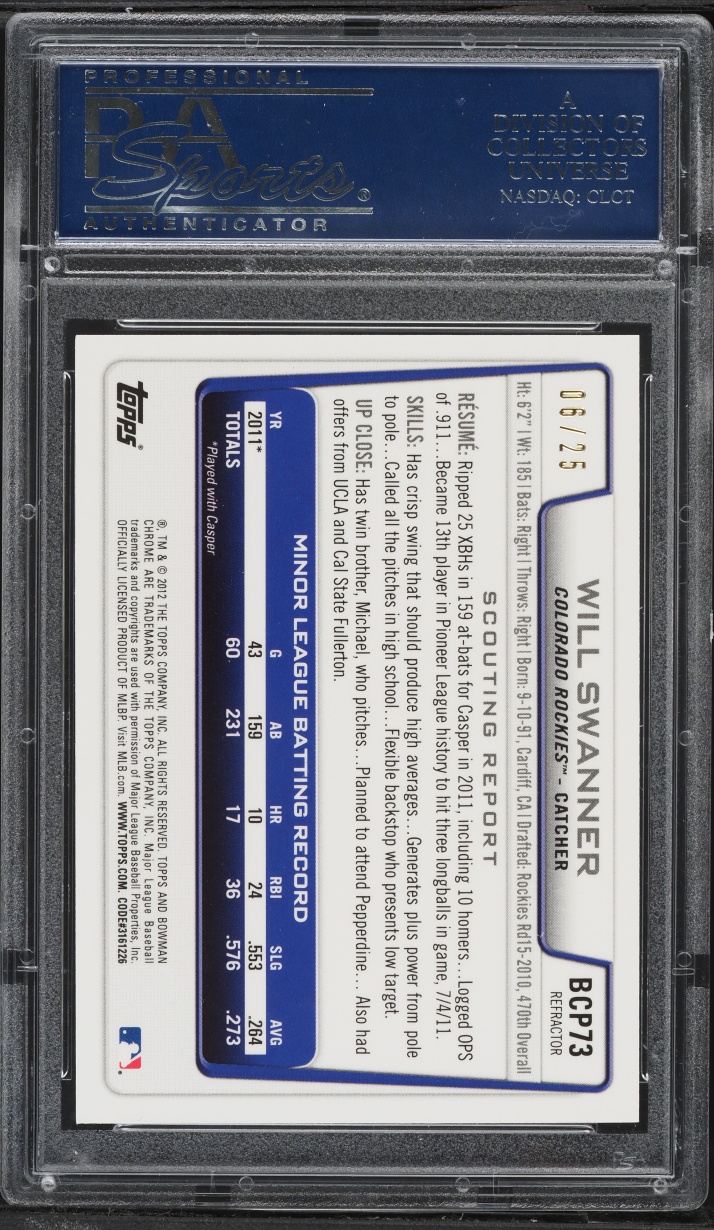 2012 Bowman Chrome Orange Refractor Will Swanner PROSPECT /25 #BCP73 PSA 9 MINT