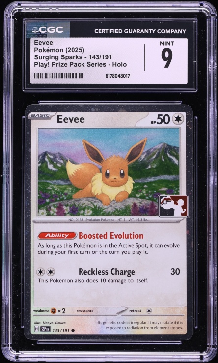 2025 Pokemon Scarlet & Violet Surging Sparks Play! Prize Pack Holo Eevee #143 CGC 9 MINT