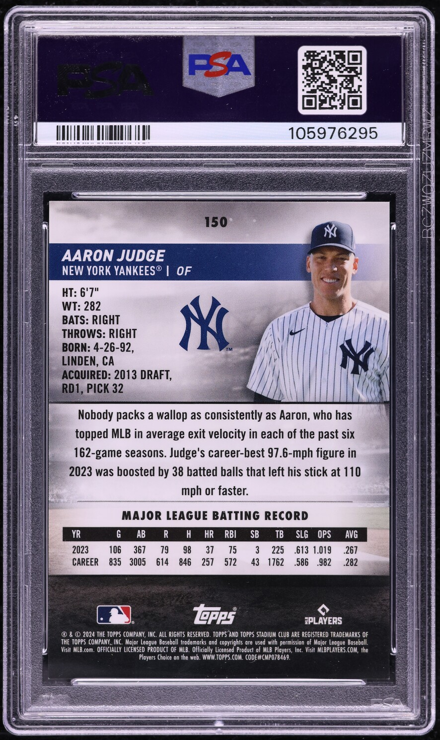 2024 Stadium Club Chrome Pearl White Refractor Aaron Judge /30 #150 PSA 9 MINT