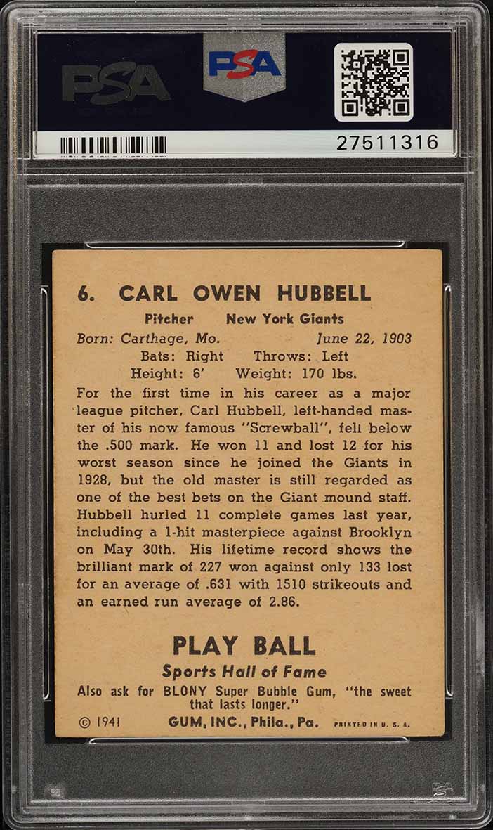 1941 Play Ball Carl Hubbell #6 PSA 4 VGEX