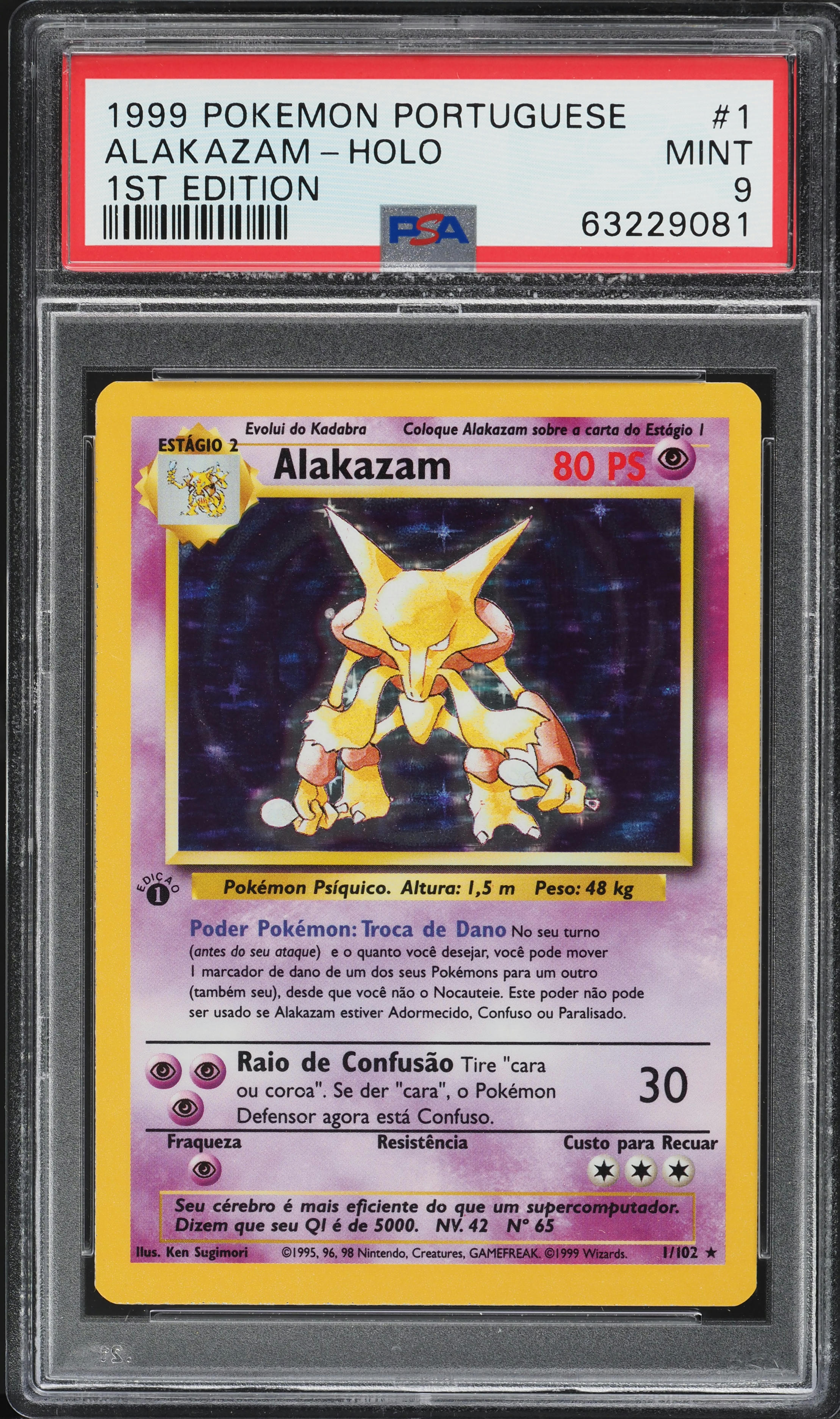 1999 Pokemon Portuguese Base Set 1st Edition Holo Alakazam #1 PSA 9 MINT