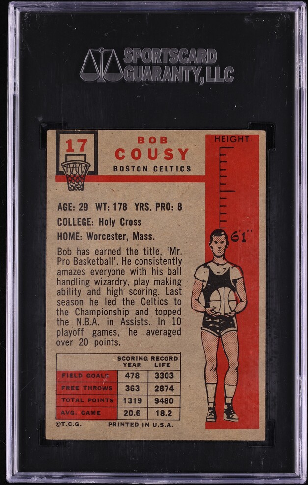 1957 Topps Basketball Bob Cousy ROOKIE #17 SGC 5 EX