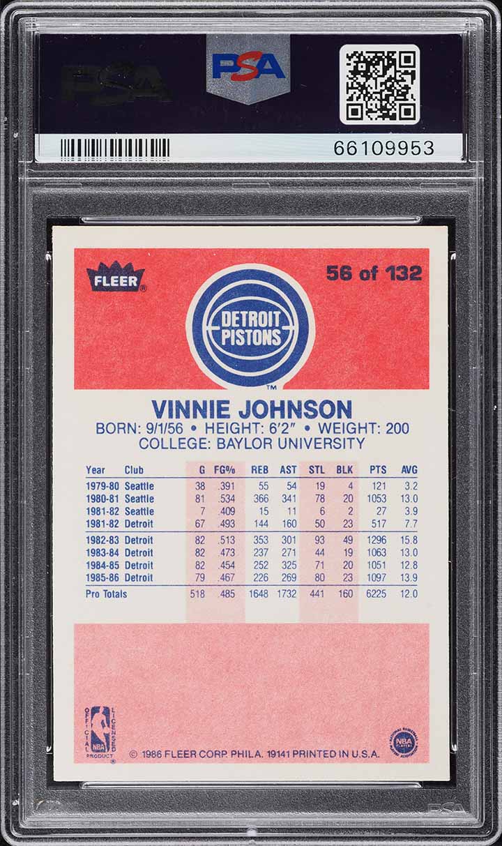 1986 Fleer Basketball Vinnie Johnson #56 PSA 10 GEM MINT
