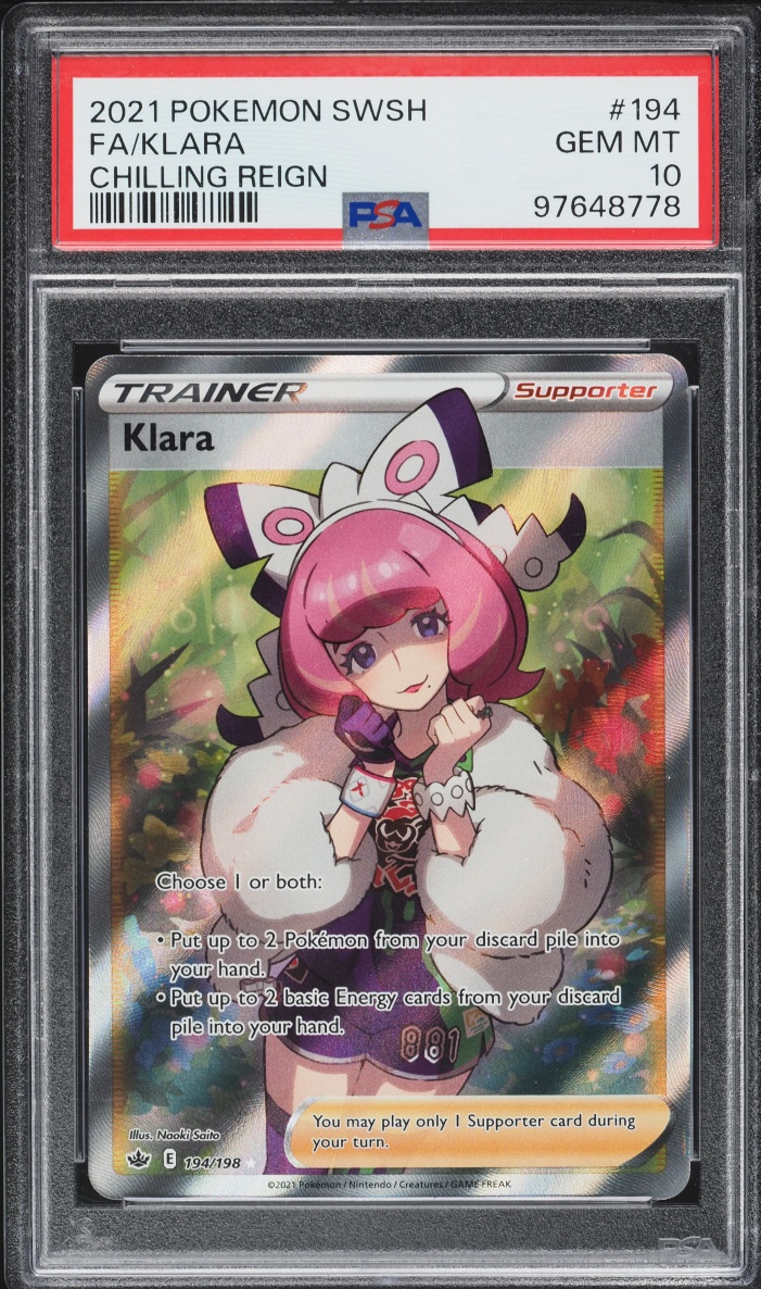 2021 Pokemon Sword & Shield Chilling Reign Full Art Klara #194 PSA 10 GEM MINT