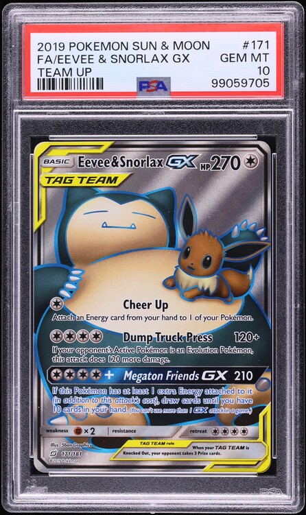 2019 Pokemon Sun & Moon Team Up Full Art Eevee & Snorlax GX #171 PSA 10 GEM MINT