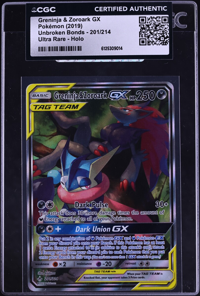 2019 Pokemon Sun & Moon Unbroken Bonds Full Art Greninja & Zoroark GX #201 CGC AUTH