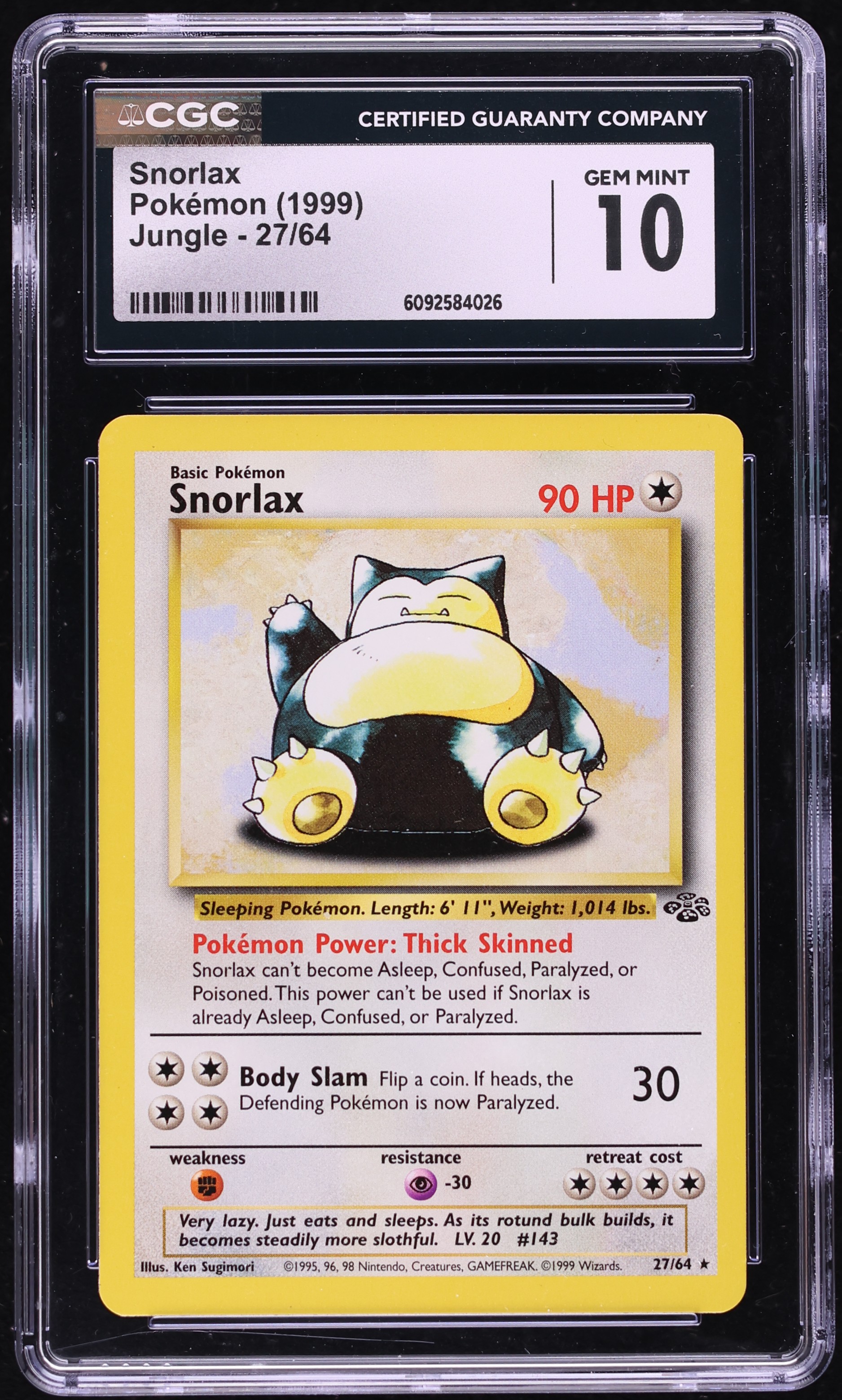 1999 Pokemon Jungle Snorlax #27 CGC 10 GEM MINT