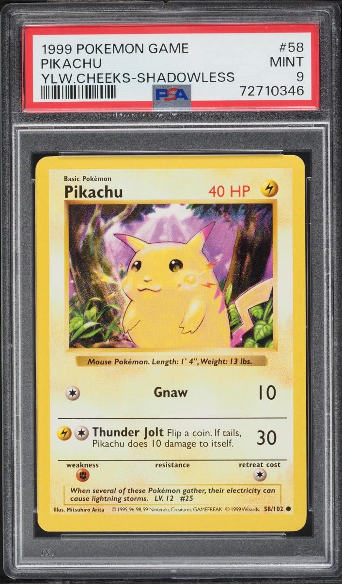 1999 Pokemon Base Set Shadowless Yellow Cheeks Pikachu #58 PSA 9 MINT