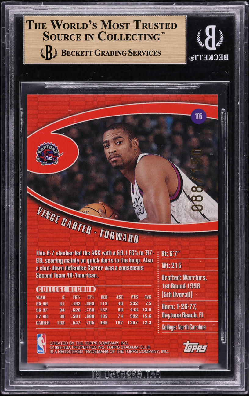 1998 Stadium Club One Of A Kind Vince Carter ROOKIE /150 #105 BGS 9.5 GEM MINT