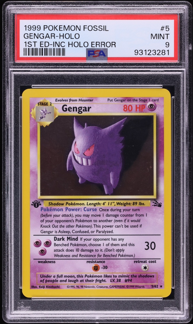 1999 Pokemon Fossil 1st Edition Incomplete Holo Gengar #5 PSA 9 MINT