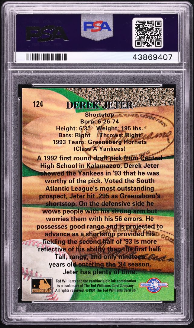 1994 Ted Williams Card Collection Derek Jeter ROOKIE #124 PSA 10 GEM MINT