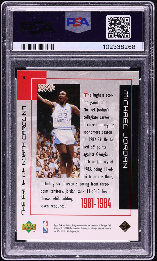 1999 Upper Deck MJ Career Pride Of North Carolina Michael Jordan #9 PSA 7 NRMT