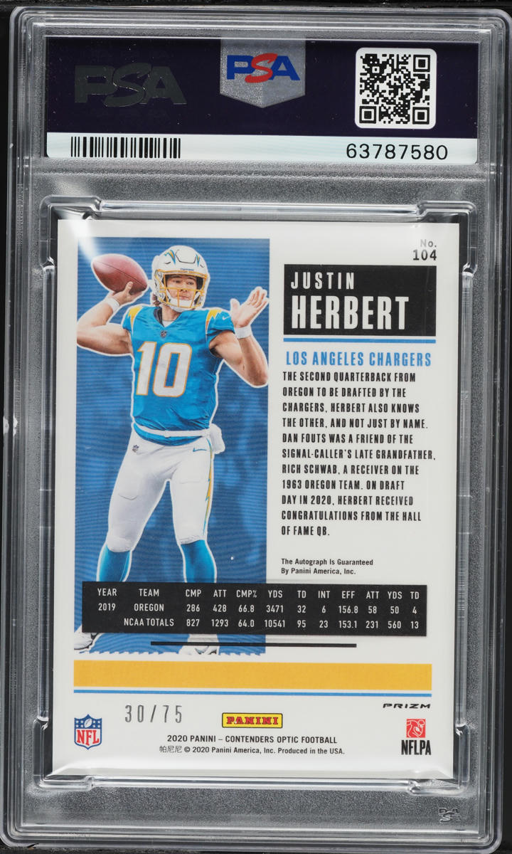 2020 Panini Contenders Optic Blue Justin Herbert RC AUTO /75 DNA 10 #104 PSA 9