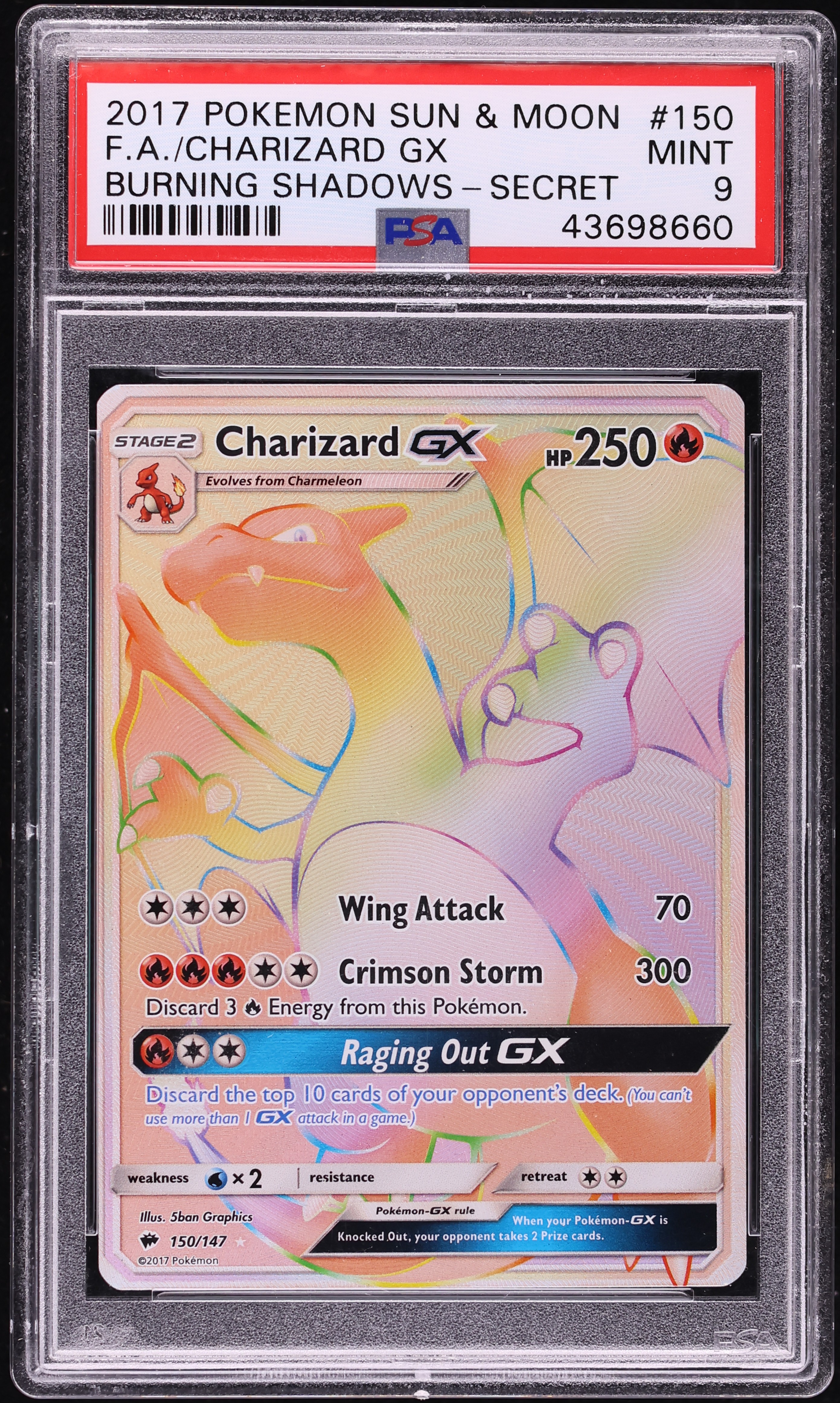2017 Pokemon Sun & Moon Burning Shadows Rainbow Rare Charizard GX #150 PSA 9 MINT