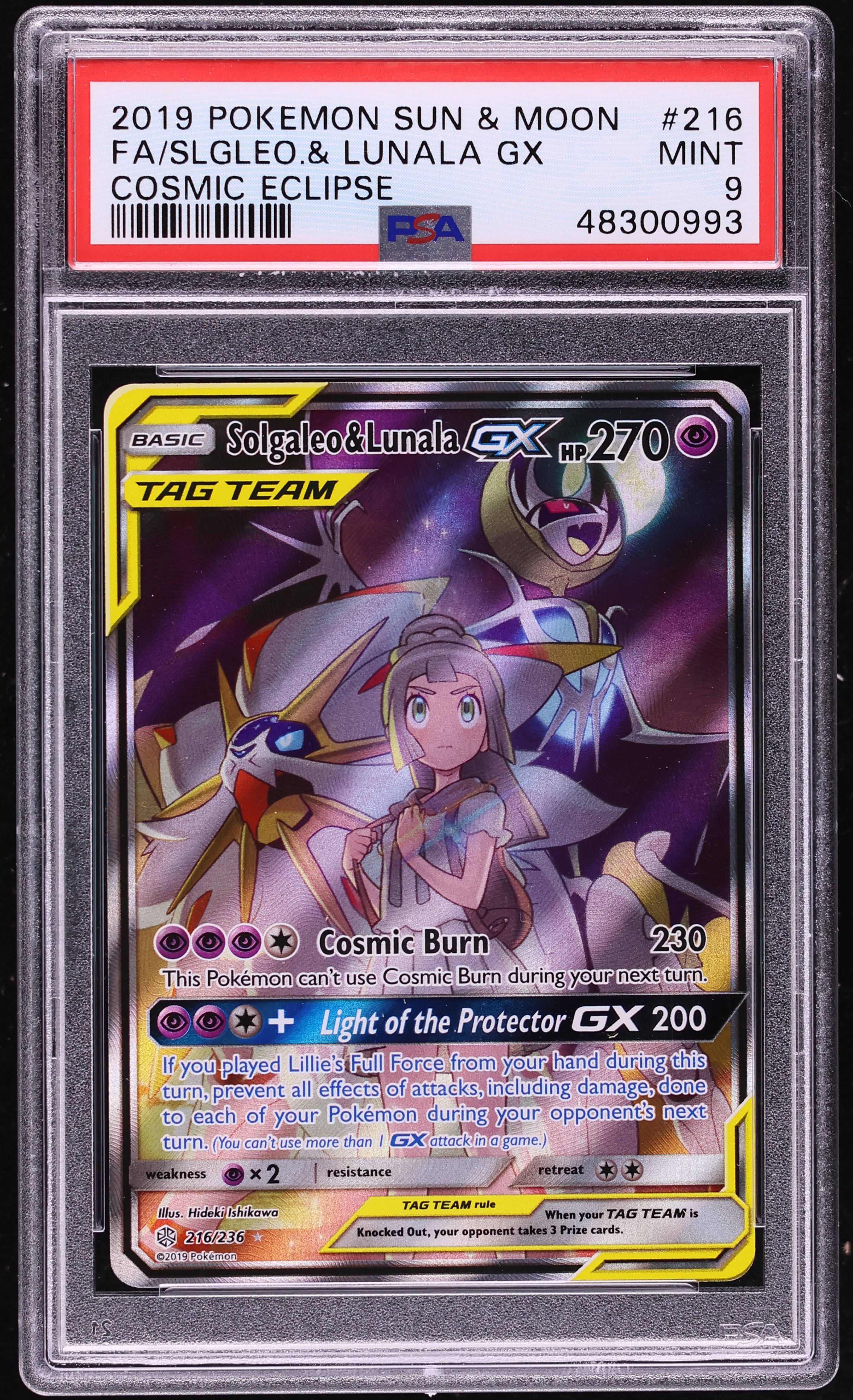 2019 Pokemon Sun & Moon Cosmic Eclipse Full Art Solgaleo & Lunala GX #216 PSA 9 MINT